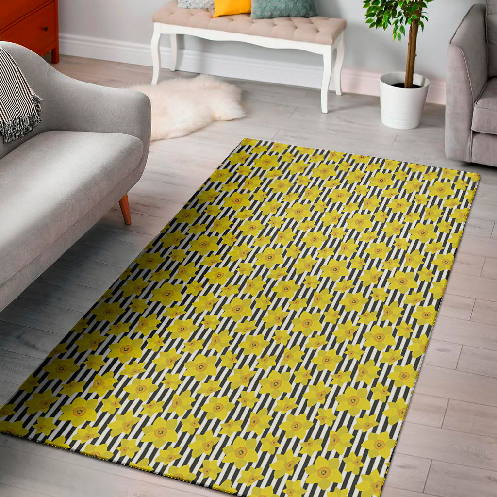 Black Striped Daffodil Pattern Print Area Rug