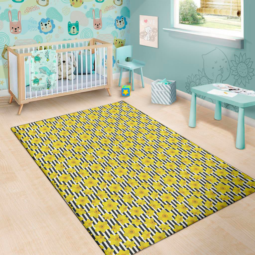 Black Striped Daffodil Pattern Print Area Rug