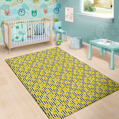 Black Striped Daffodil Pattern Print Area Rug