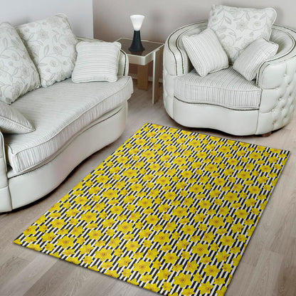 Black Striped Daffodil Pattern Print Area Rug
