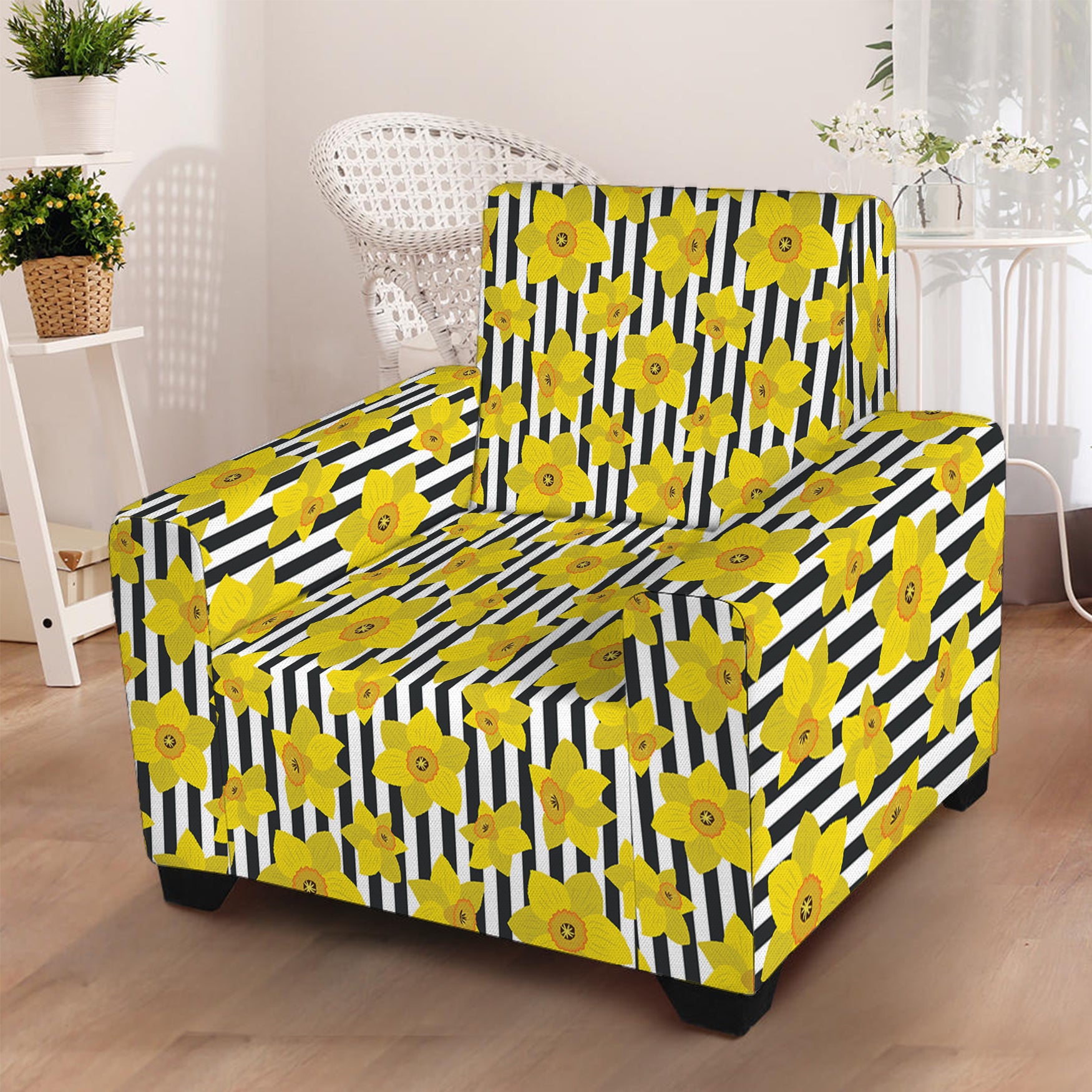 Black Striped Daffodil Pattern Print Armchair Slipcover