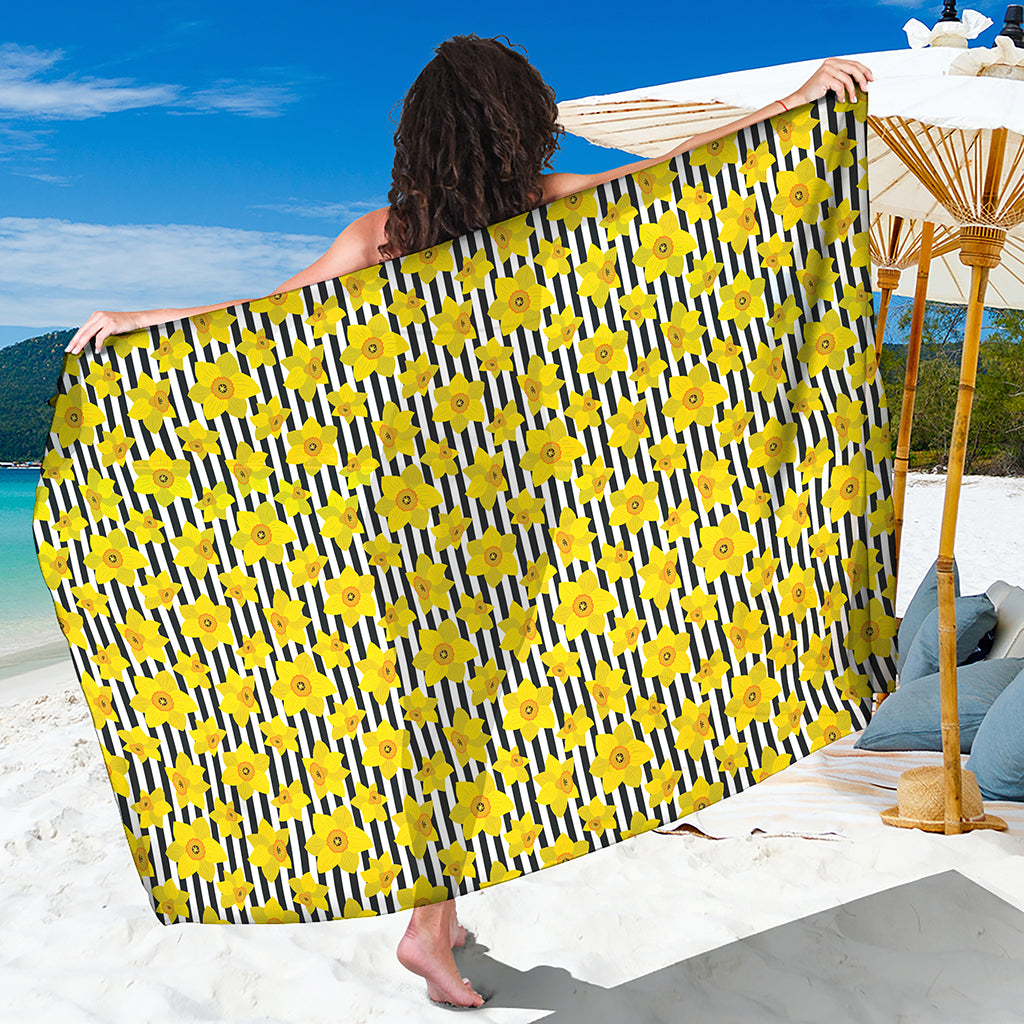 Black Striped Daffodil Pattern Print Beach Sarong Wrap