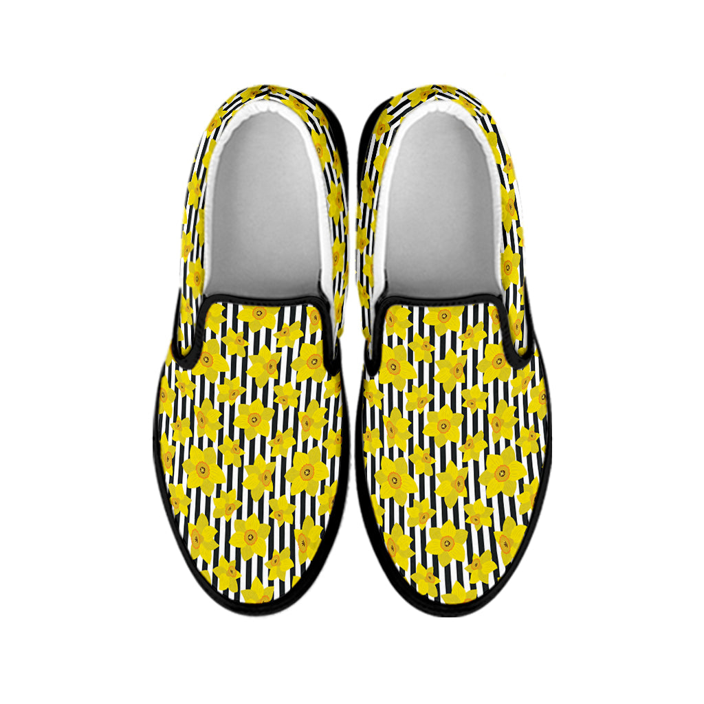 Black Striped Daffodil Pattern Print Black Slip On Shoes