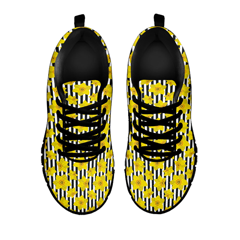 Black Striped Daffodil Pattern Print Black Sneakers