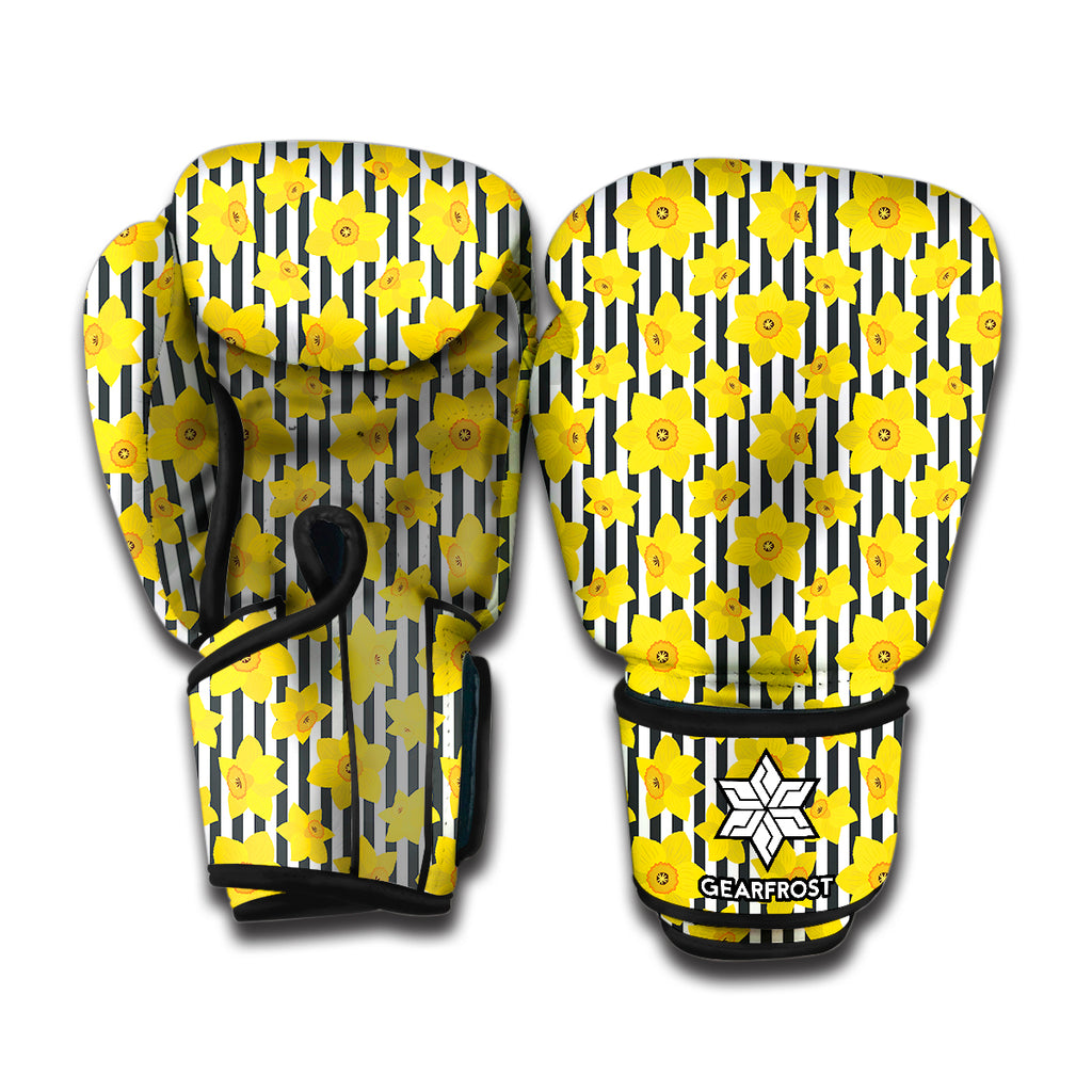 Black Striped Daffodil Pattern Print Boxing Gloves