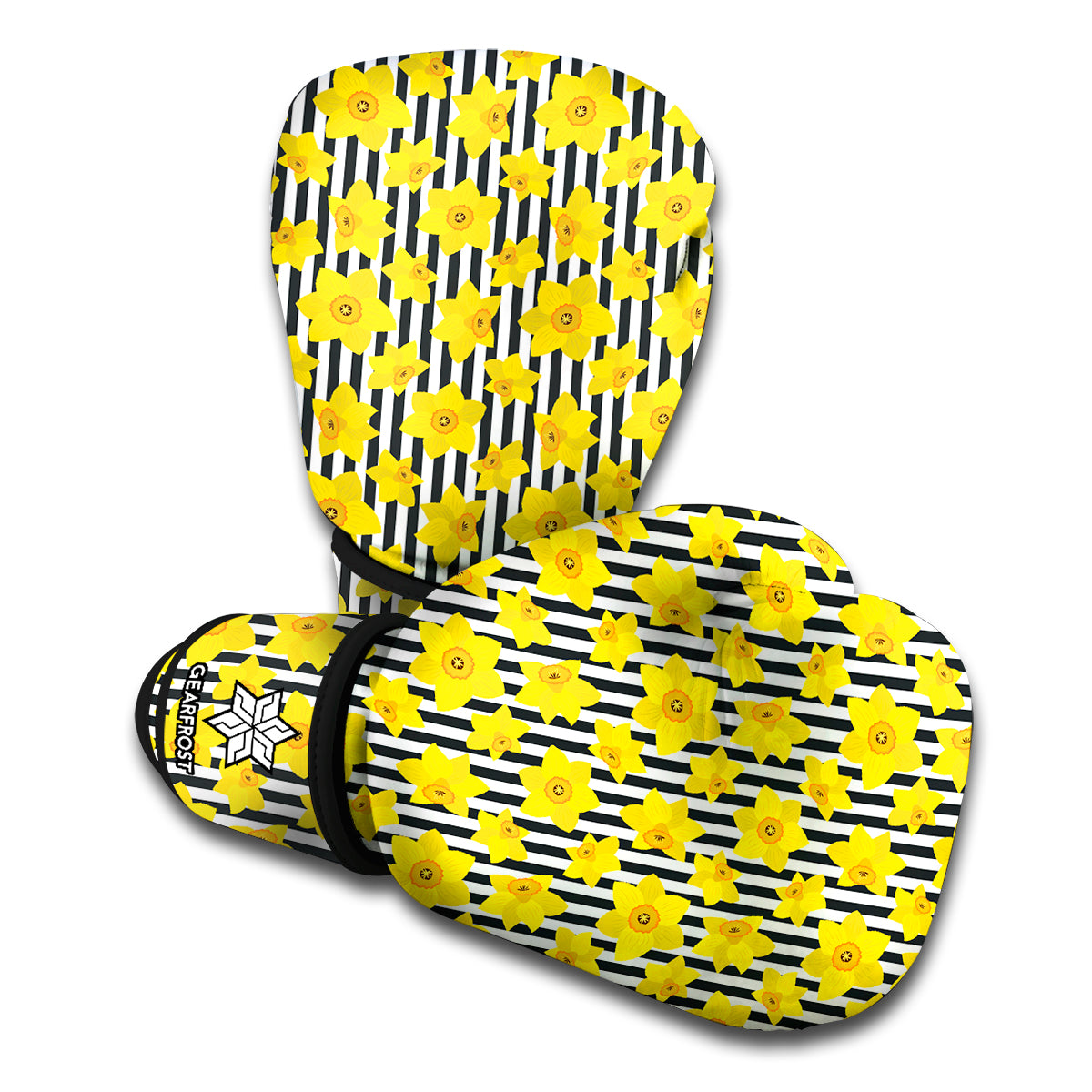 Black Striped Daffodil Pattern Print Boxing Gloves