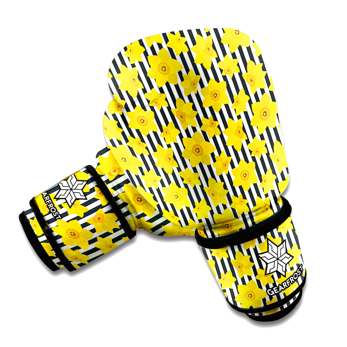 Black Striped Daffodil Pattern Print Boxing Gloves
