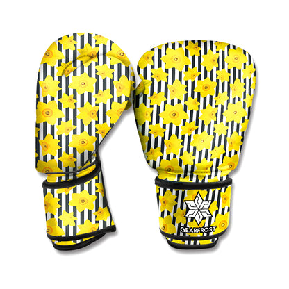 Black Striped Daffodil Pattern Print Boxing Gloves