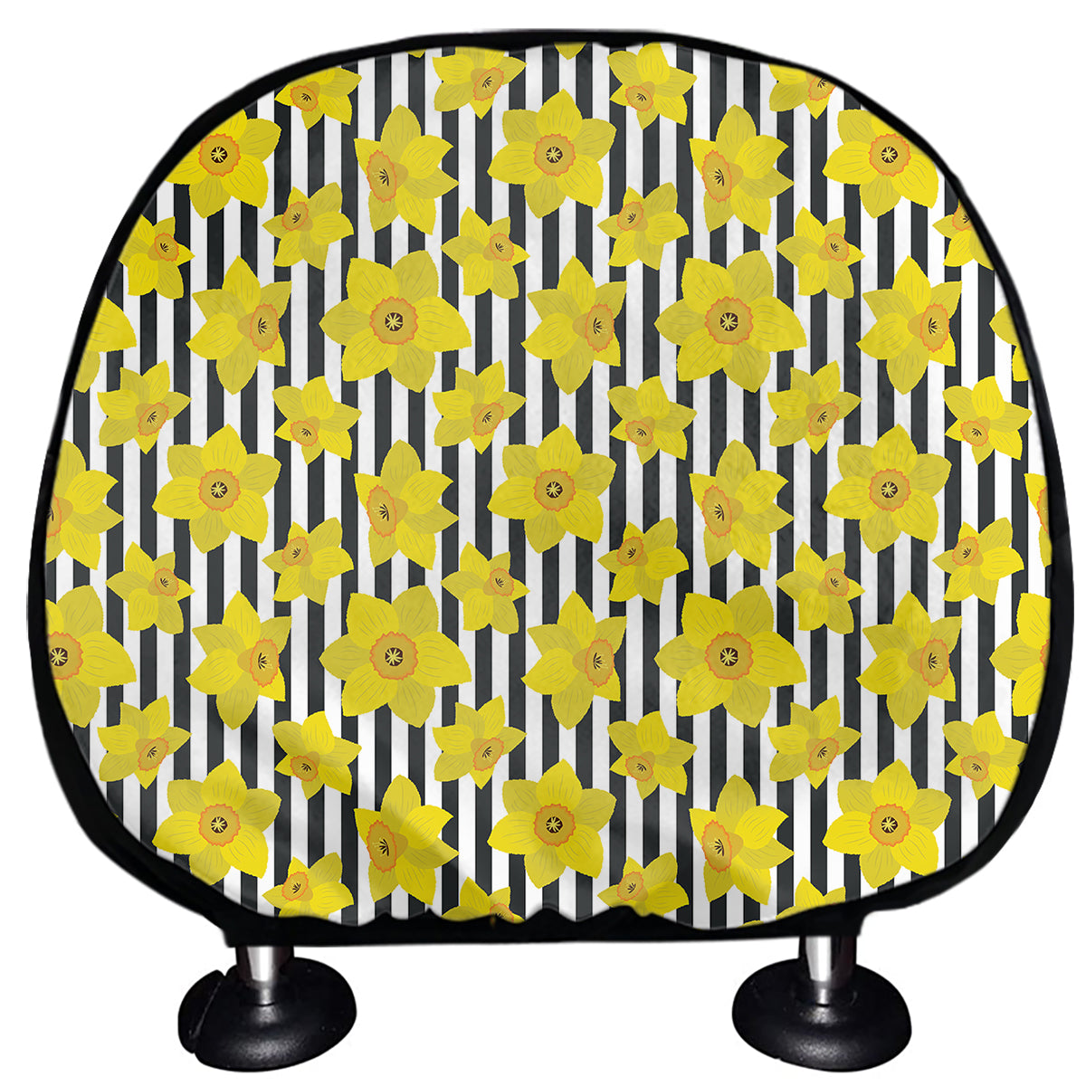 Black Striped Daffodil Pattern Print Car Headrest Covers