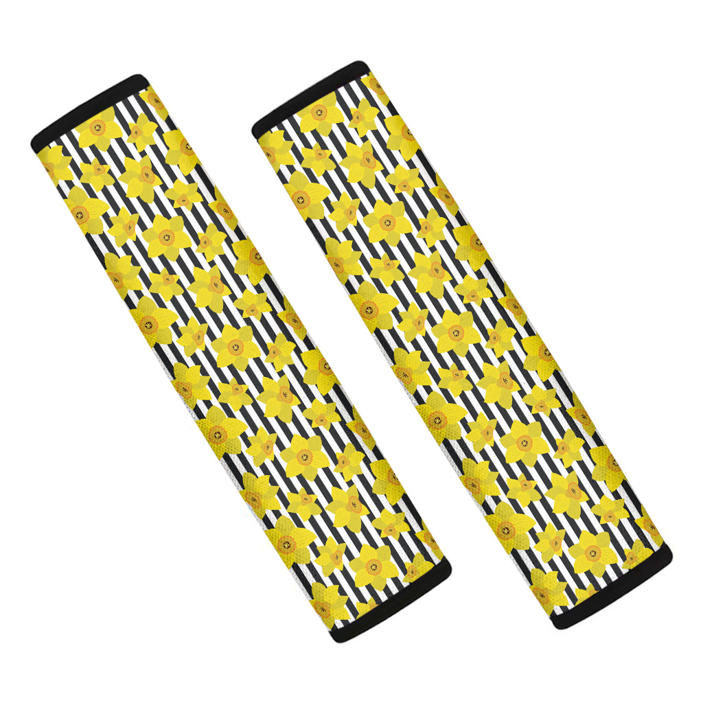 Black Striped Daffodil Pattern Print Car Seat Belt Covers