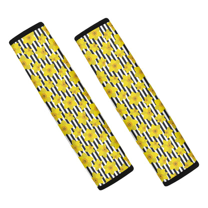 Black Striped Daffodil Pattern Print Car Seat Belt Covers