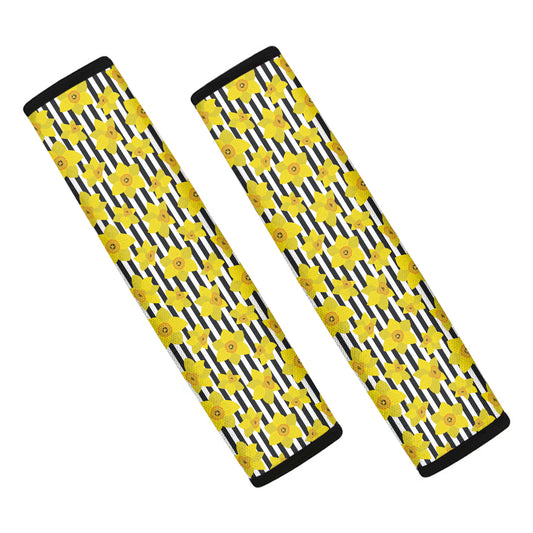 Black Striped Daffodil Pattern Print Car Seat Belt Covers