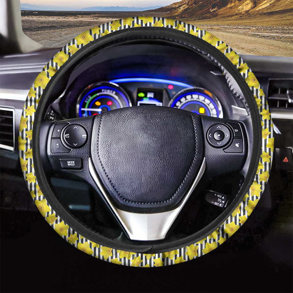 Black Striped Daffodil Pattern Print Car Steering Wheel Cover
