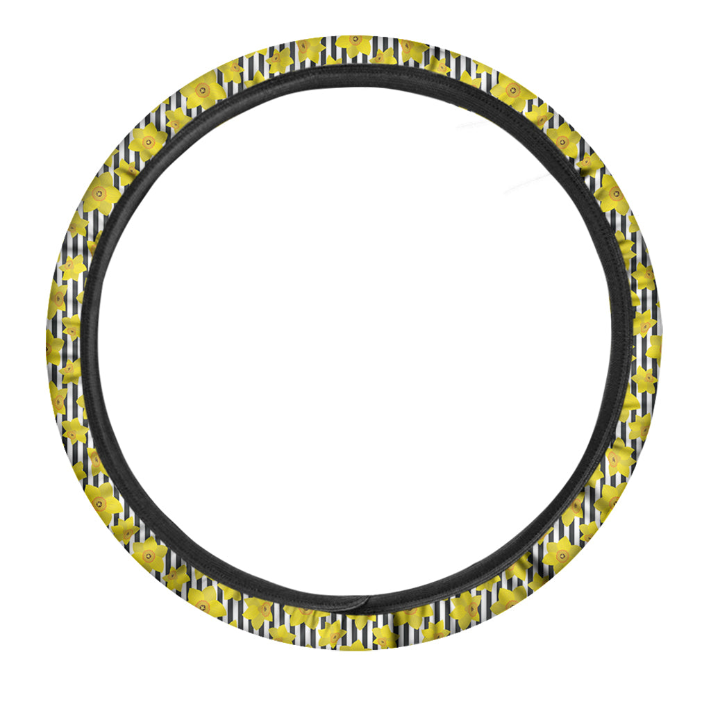 Black Striped Daffodil Pattern Print Car Steering Wheel Cover