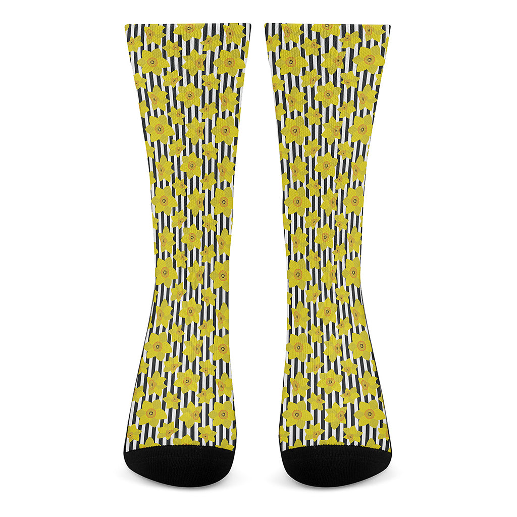 Black Striped Daffodil Pattern Print Crew Socks