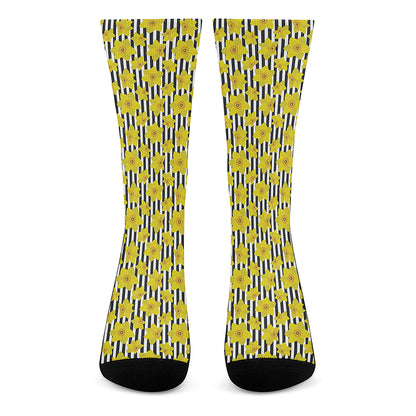 Black Striped Daffodil Pattern Print Crew Socks
