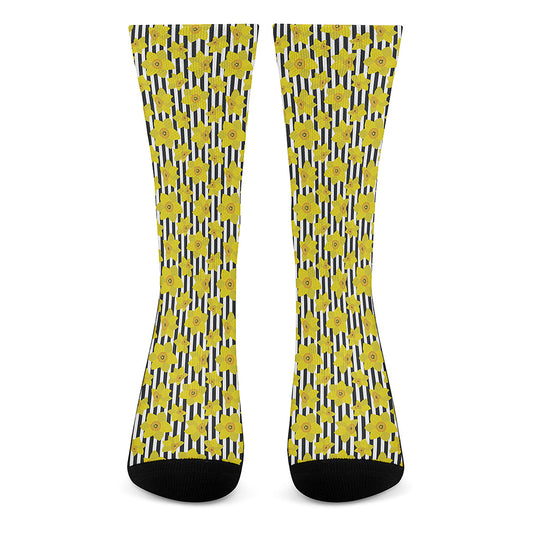 Black Striped Daffodil Pattern Print Crew Socks