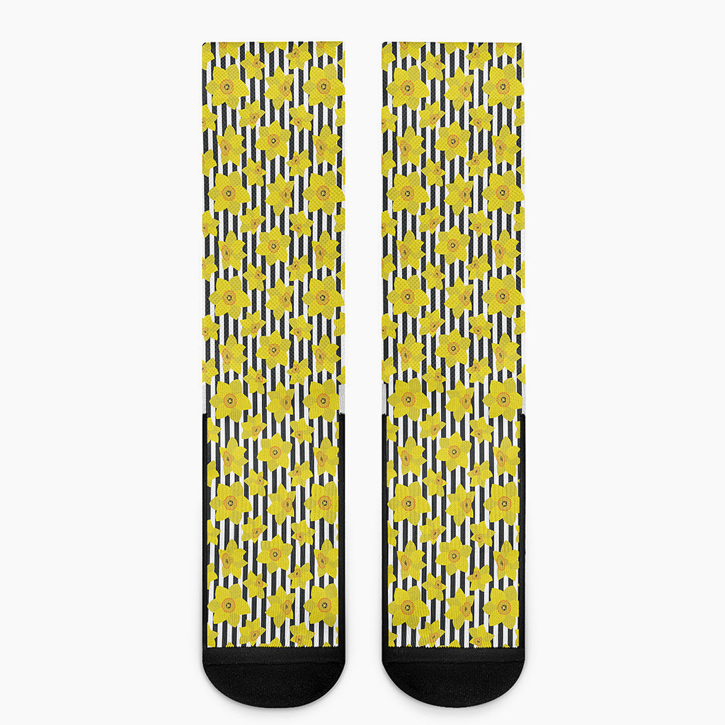 Black Striped Daffodil Pattern Print Crew Socks