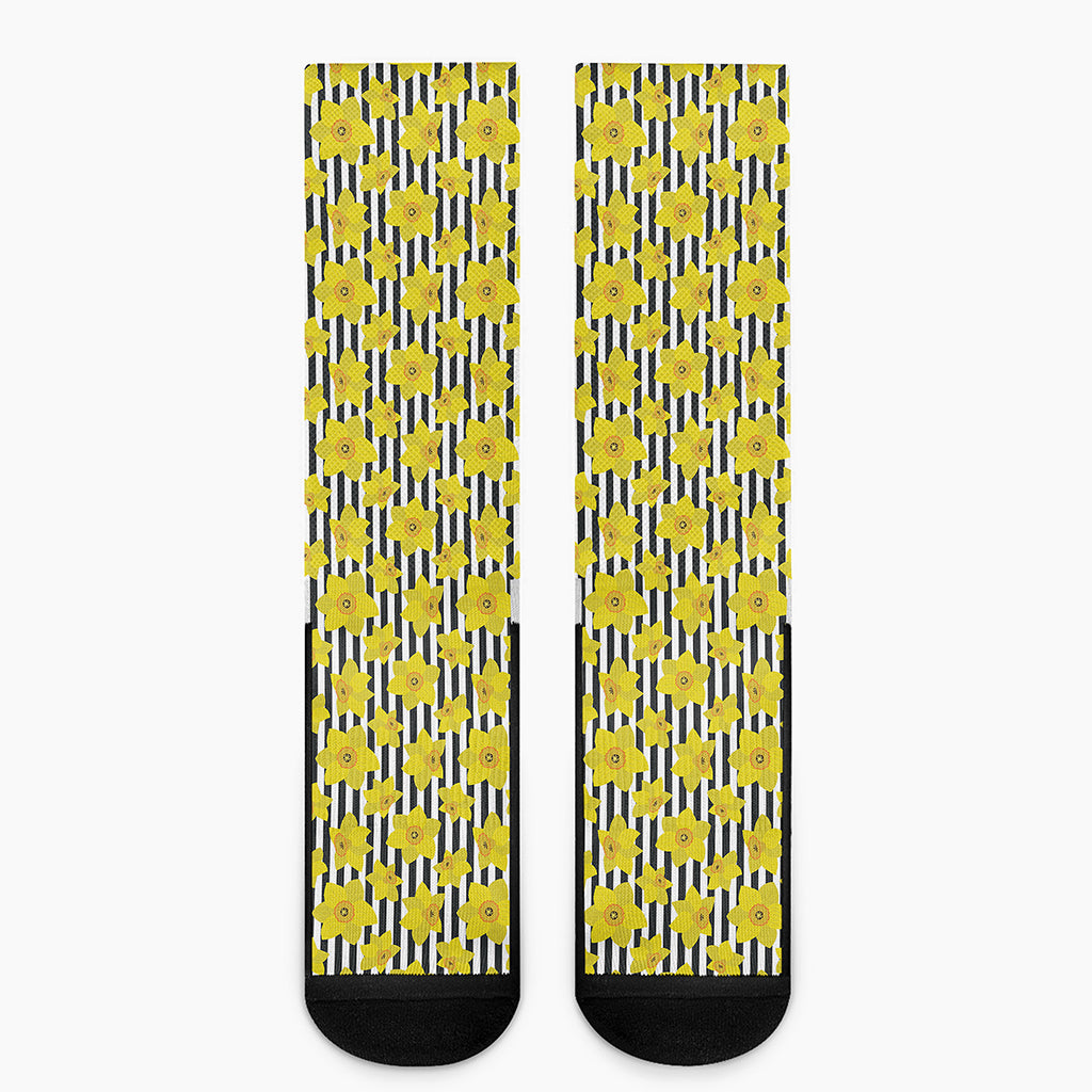 Black Striped Daffodil Pattern Print Crew Socks