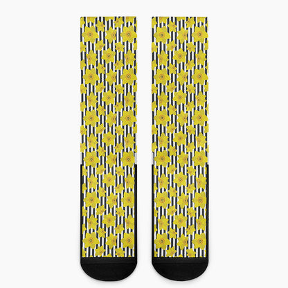 Black Striped Daffodil Pattern Print Crew Socks
