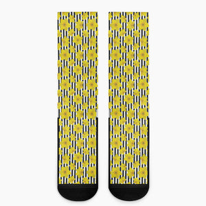 Black Striped Daffodil Pattern Print Crew Socks