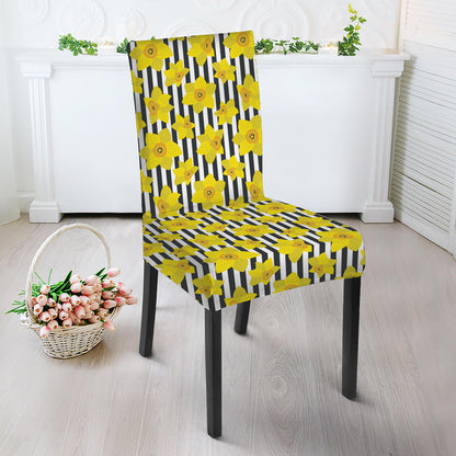 Black Striped Daffodil Pattern Print Dining Chair Slipcover