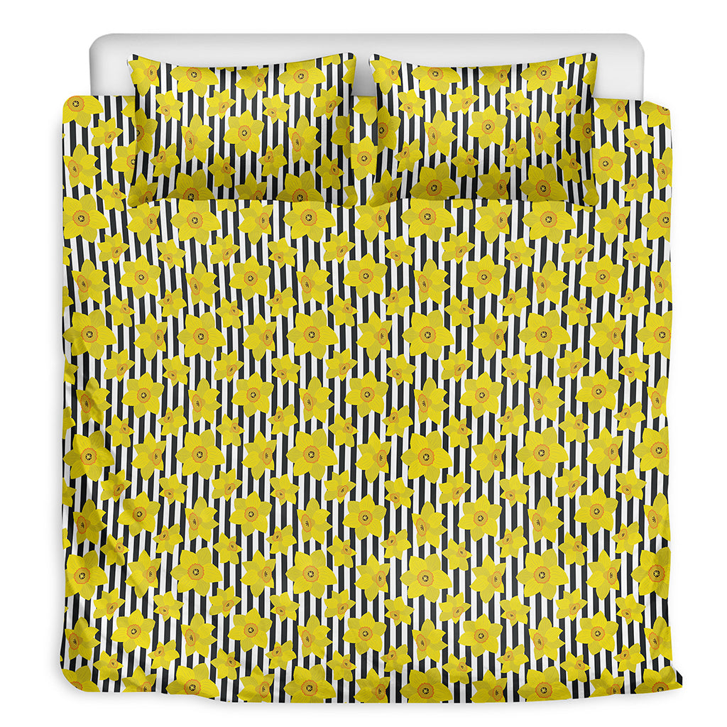 Black Striped Daffodil Pattern Print Duvet Cover Bedding Set
