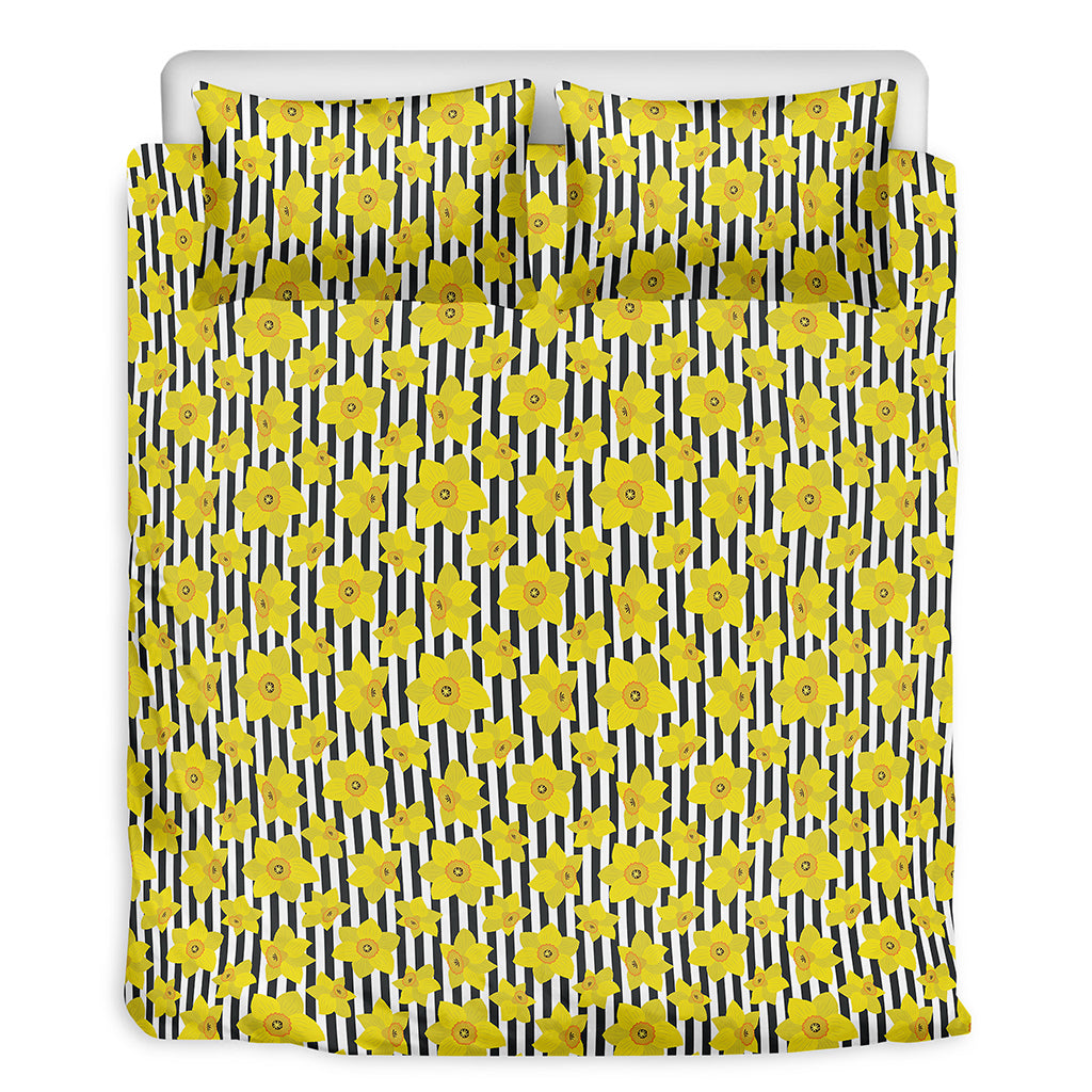 Black Striped Daffodil Pattern Print Duvet Cover Bedding Set