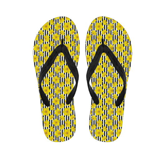 Black Striped Daffodil Pattern Print Flip Flops