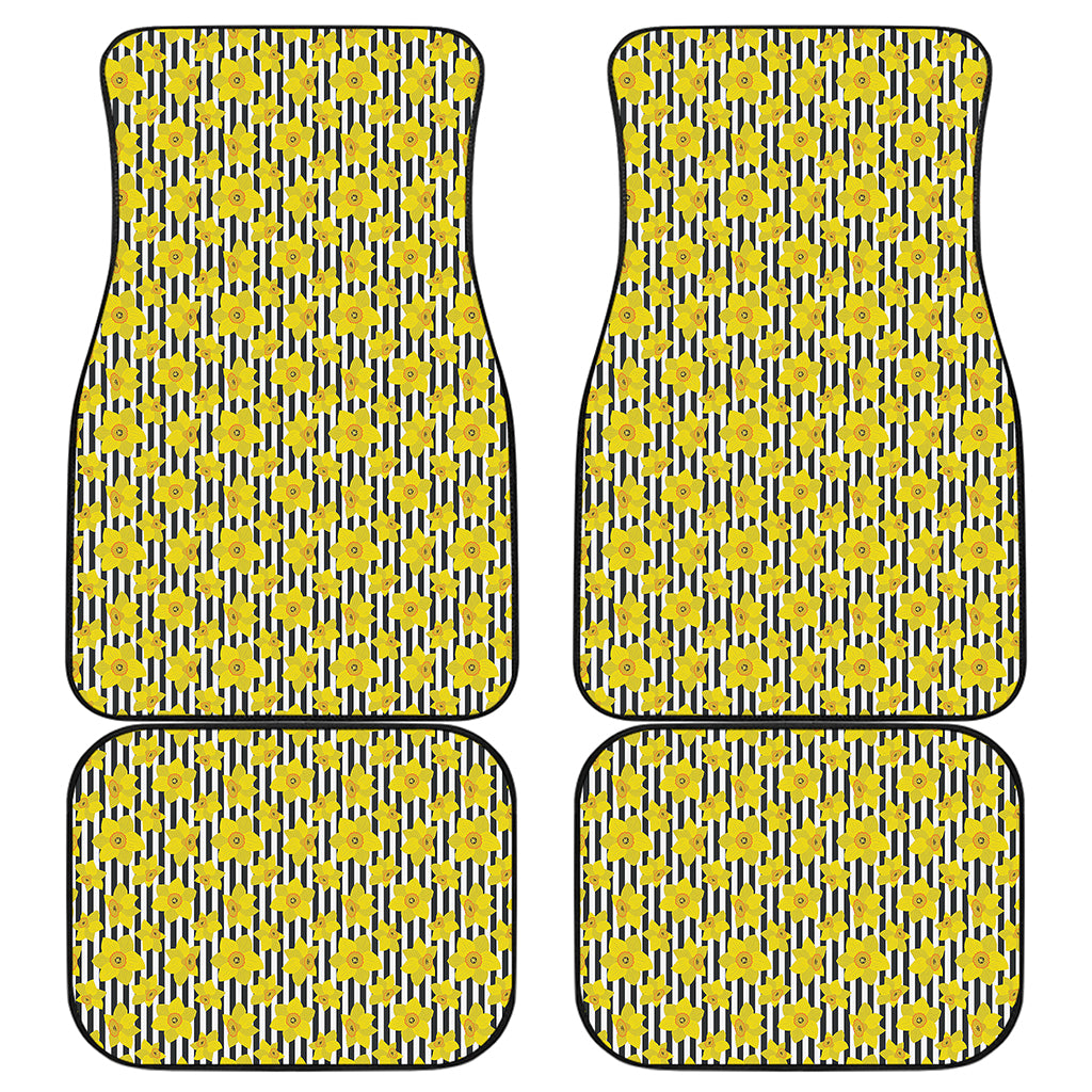 Black Striped Daffodil Pattern Print Front and Back Car Floor Mats