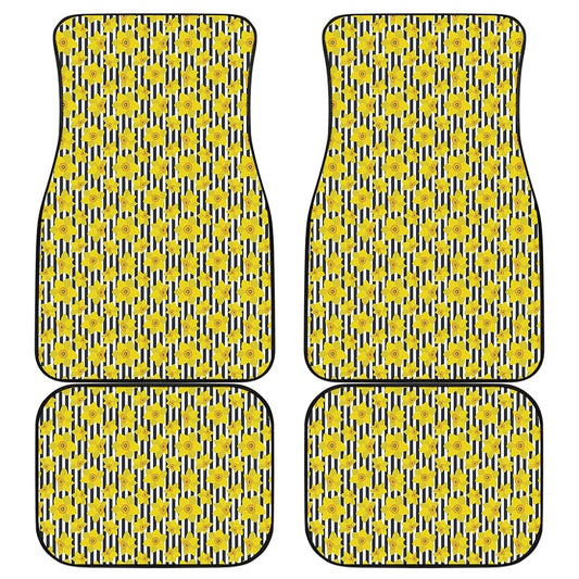 Black Striped Daffodil Pattern Print Front and Back Car Floor Mats