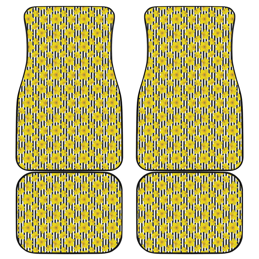 Black Striped Daffodil Pattern Print Front and Back Car Floor Mats