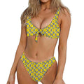 Black Striped Daffodil Pattern Print Front Bow Tie Bikini