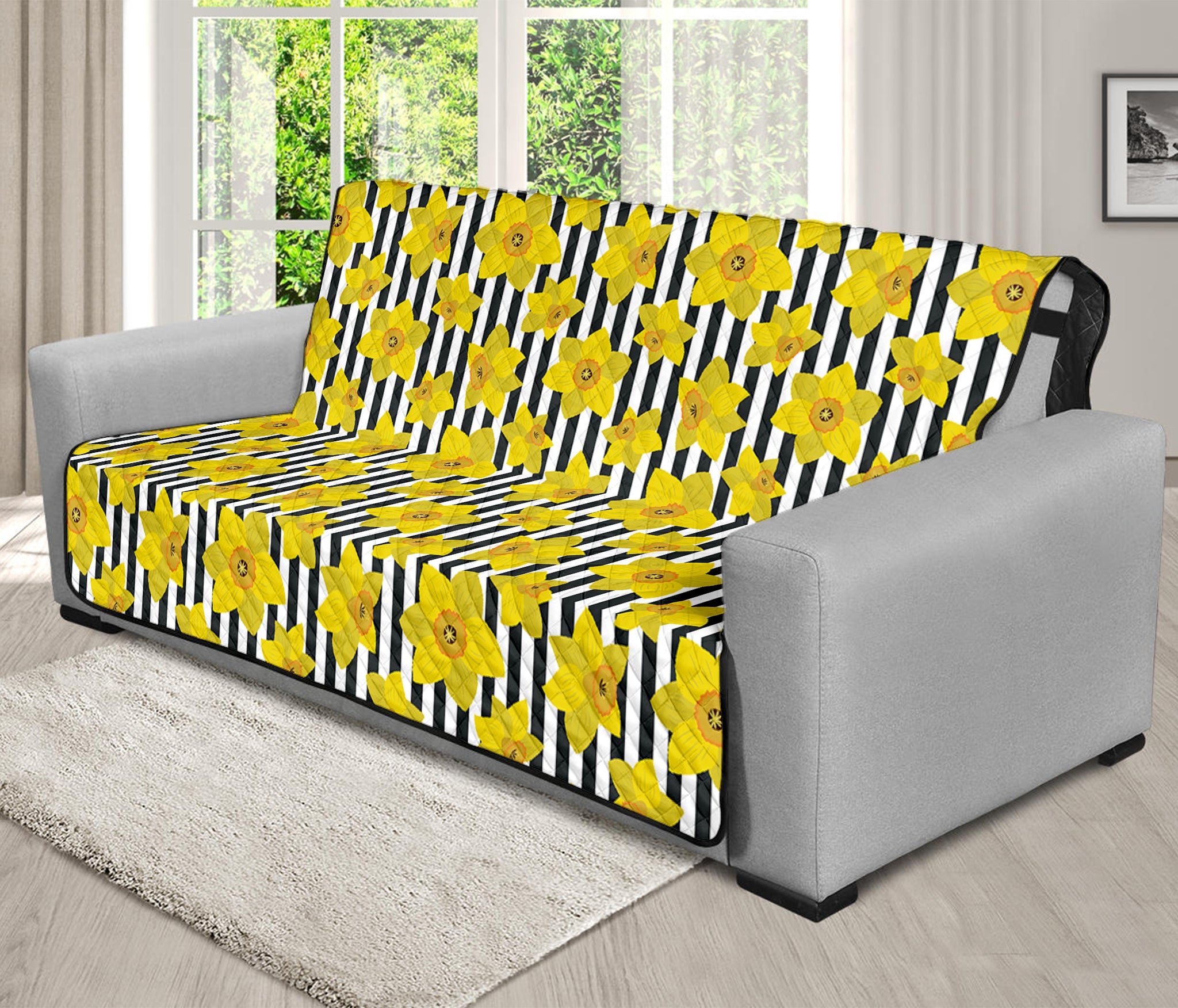 Black Striped Daffodil Pattern Print Futon Protector