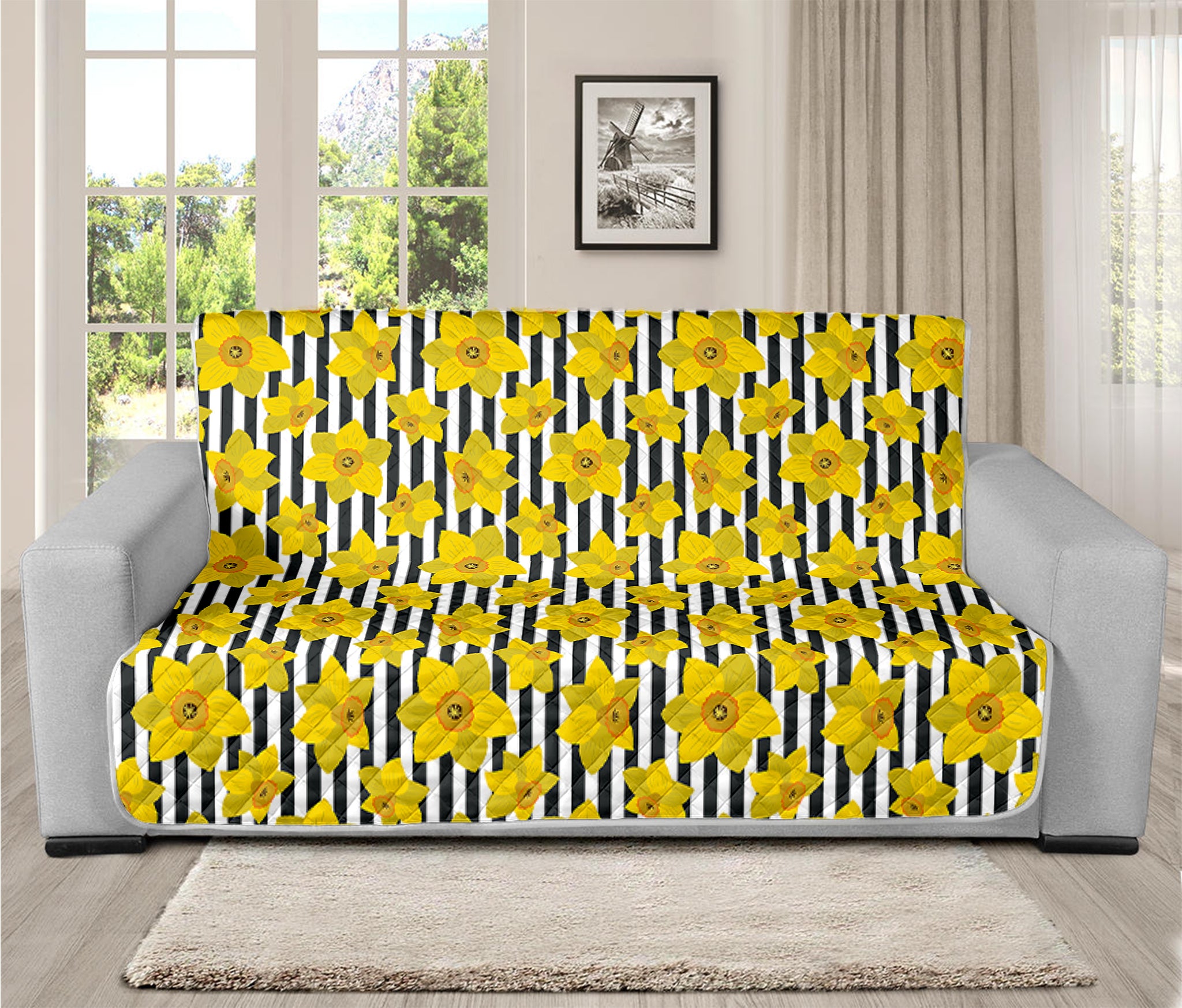 Black Striped Daffodil Pattern Print Futon Protector