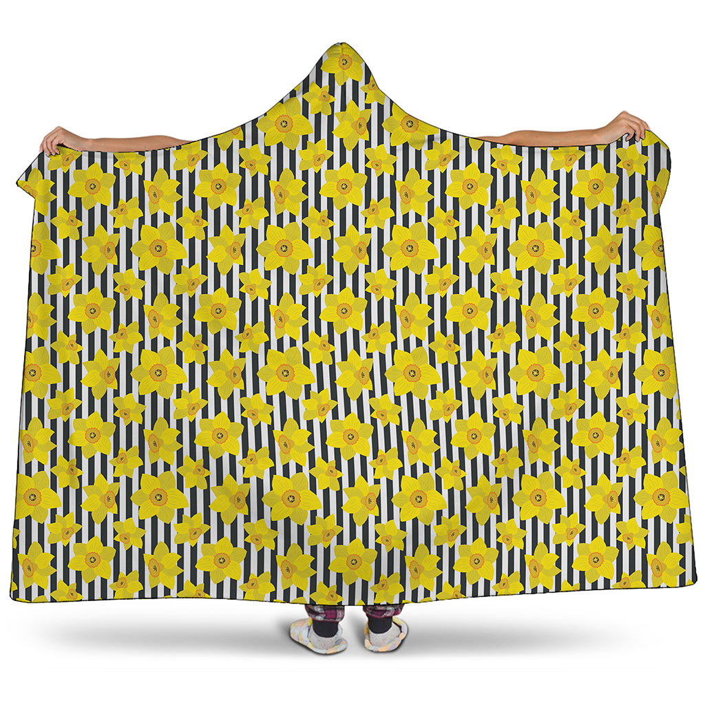 Black Striped Daffodil Pattern Print Hooded Blanket