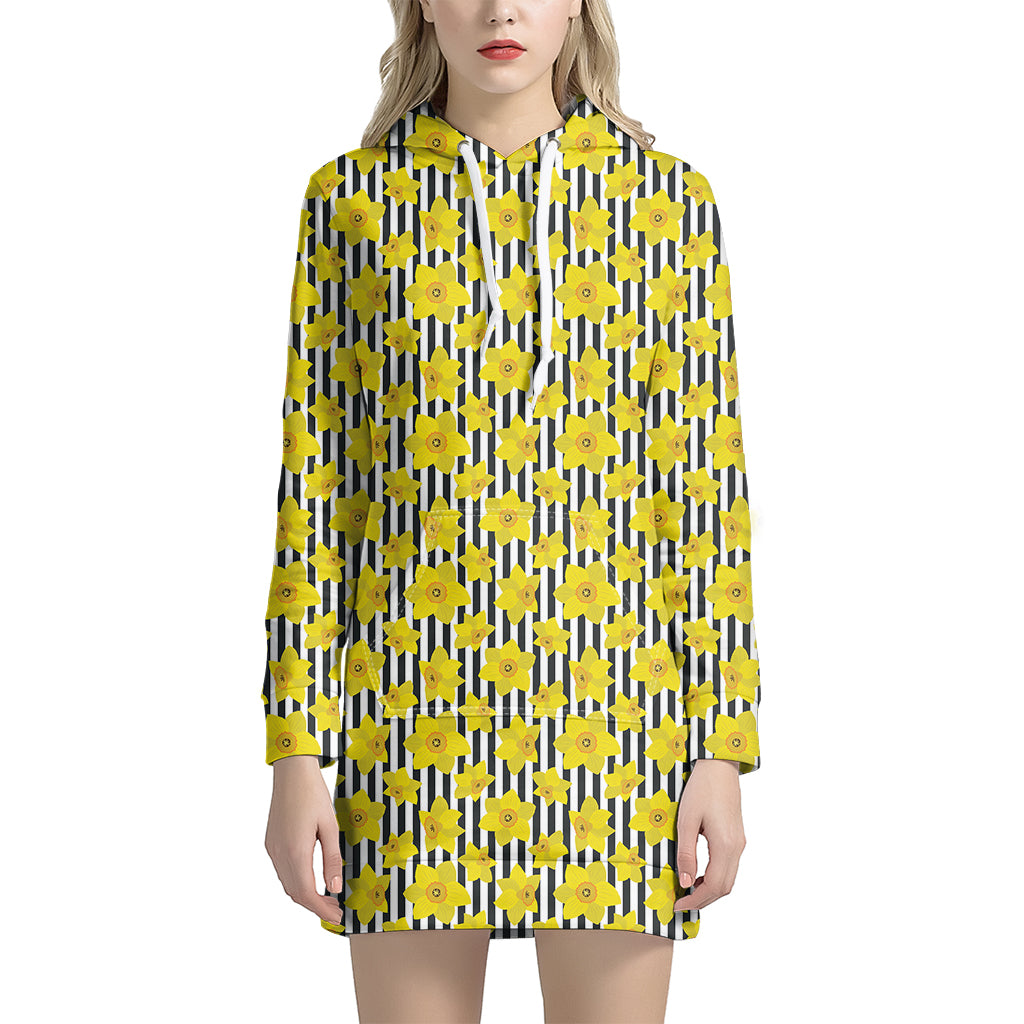 Black Striped Daffodil Pattern Print Hoodie Dress