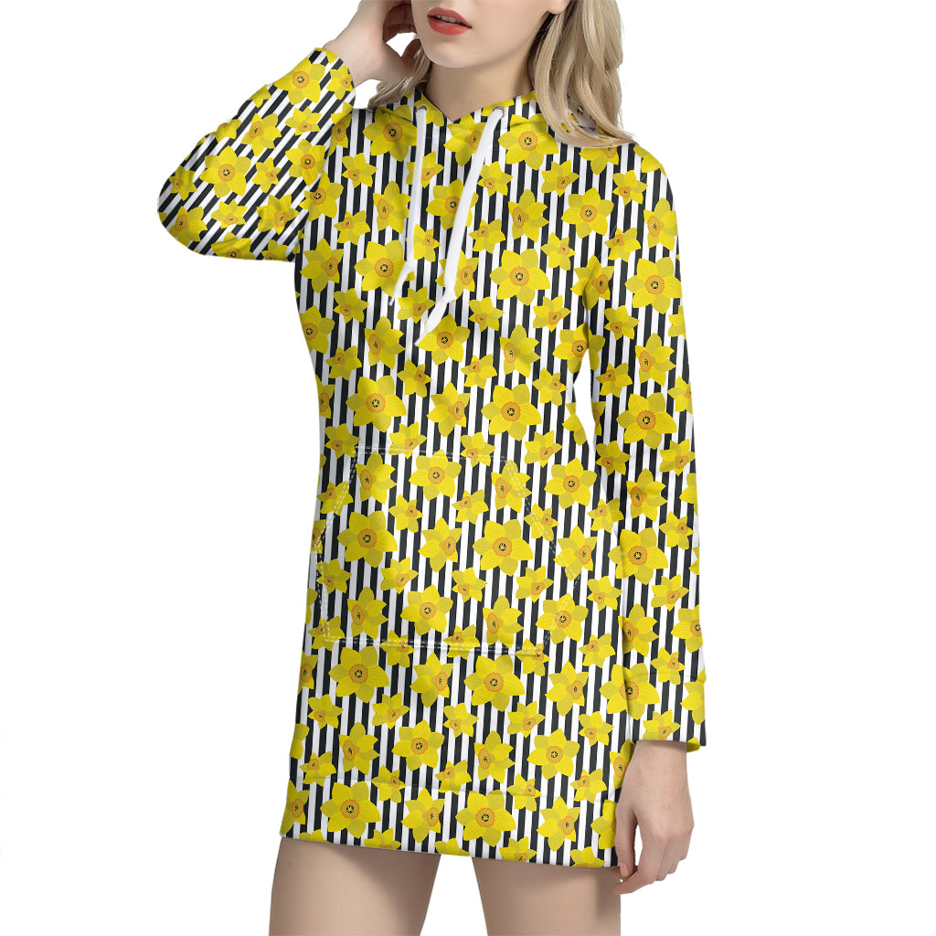 Black Striped Daffodil Pattern Print Hoodie Dress