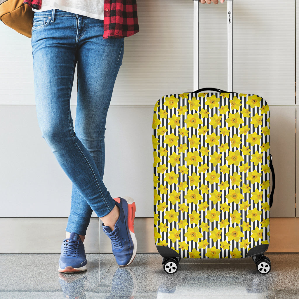 Black Striped Daffodil Pattern Print Luggage Cover