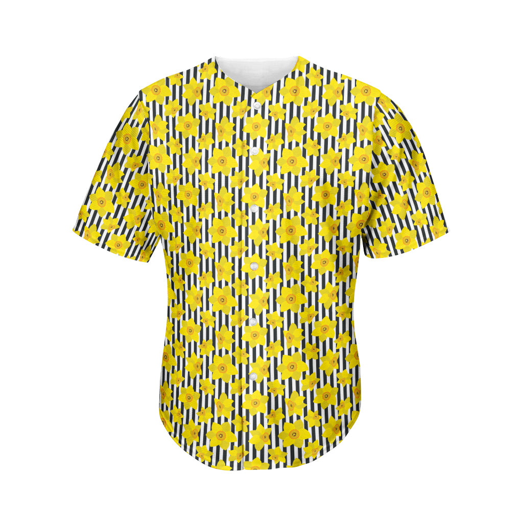 Black Striped Daffodil Pattern Print Men's Baseball Jersey