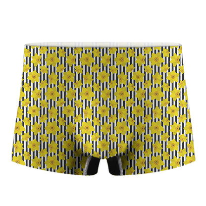 Black Striped Daffodil Pattern Print Men's Boxer Briefs
