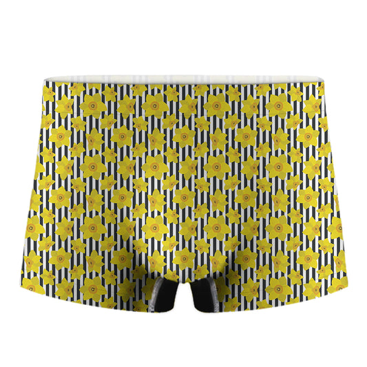 Black Striped Daffodil Pattern Print Men's Boxer Briefs