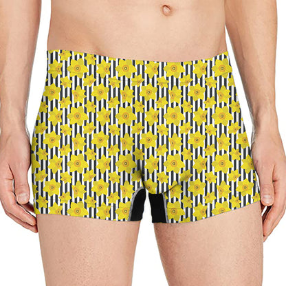Black Striped Daffodil Pattern Print Men's Boxer Briefs