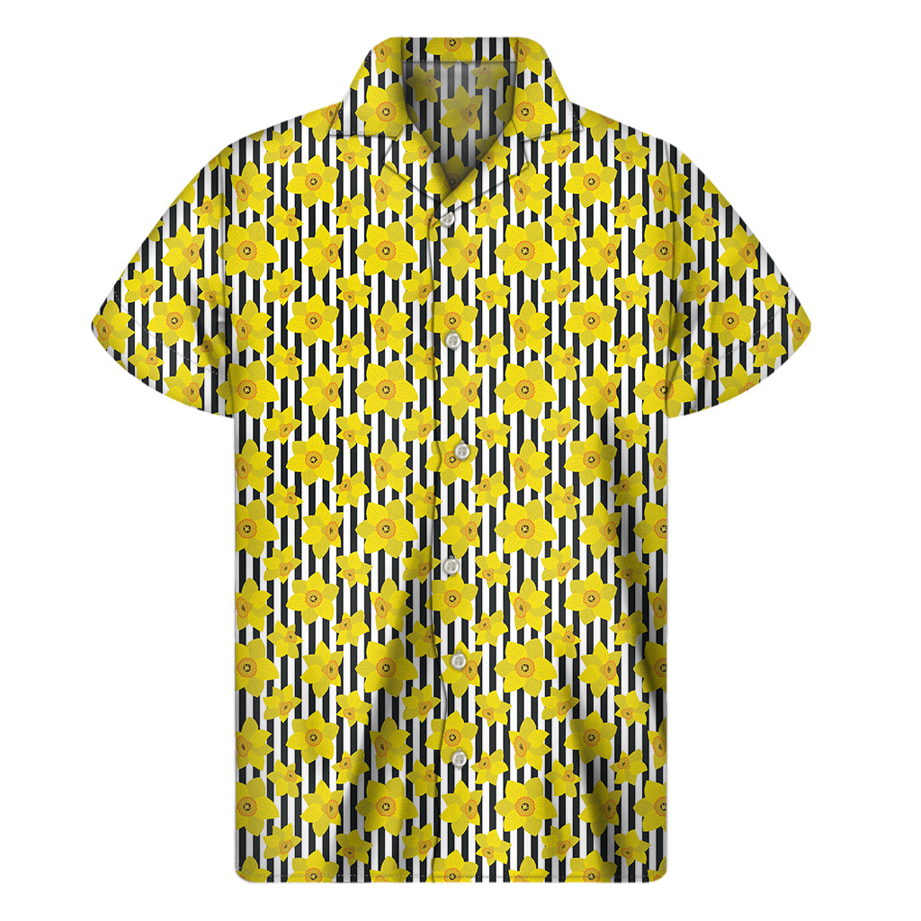 Black Striped Daffodil Pattern Print Men's Short Sleeve Shirt