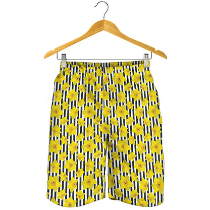 Black Striped Daffodil Pattern Print Men's Shorts