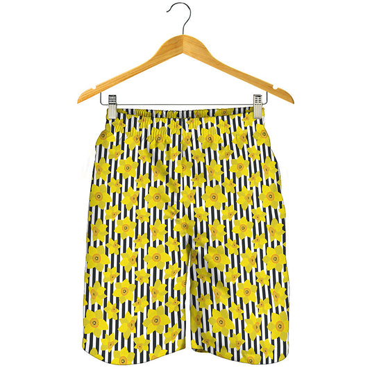 Black Striped Daffodil Pattern Print Men's Shorts