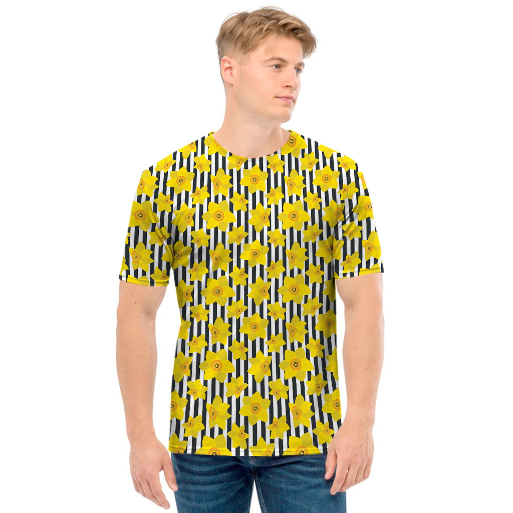Black Striped Daffodil Pattern Print Men's T-Shirt