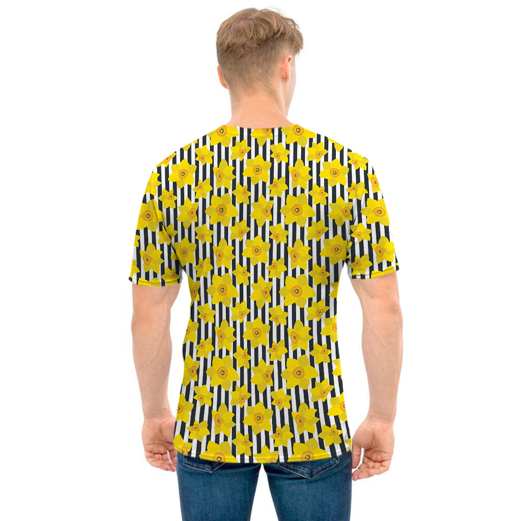 Black Striped Daffodil Pattern Print Men's T-Shirt
