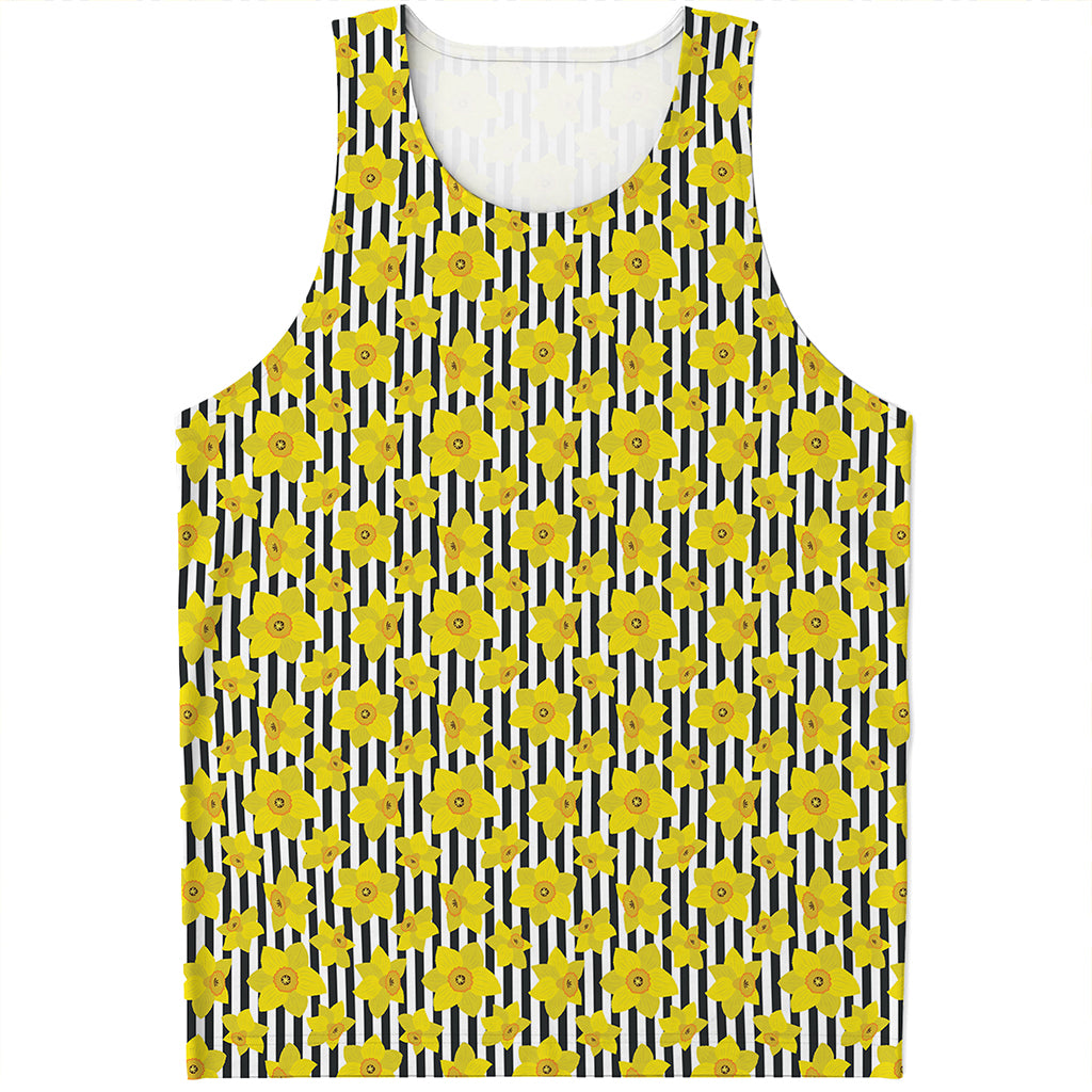 Black Striped Daffodil Pattern Print Men's Tank Top