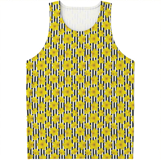Black Striped Daffodil Pattern Print Men's Tank Top